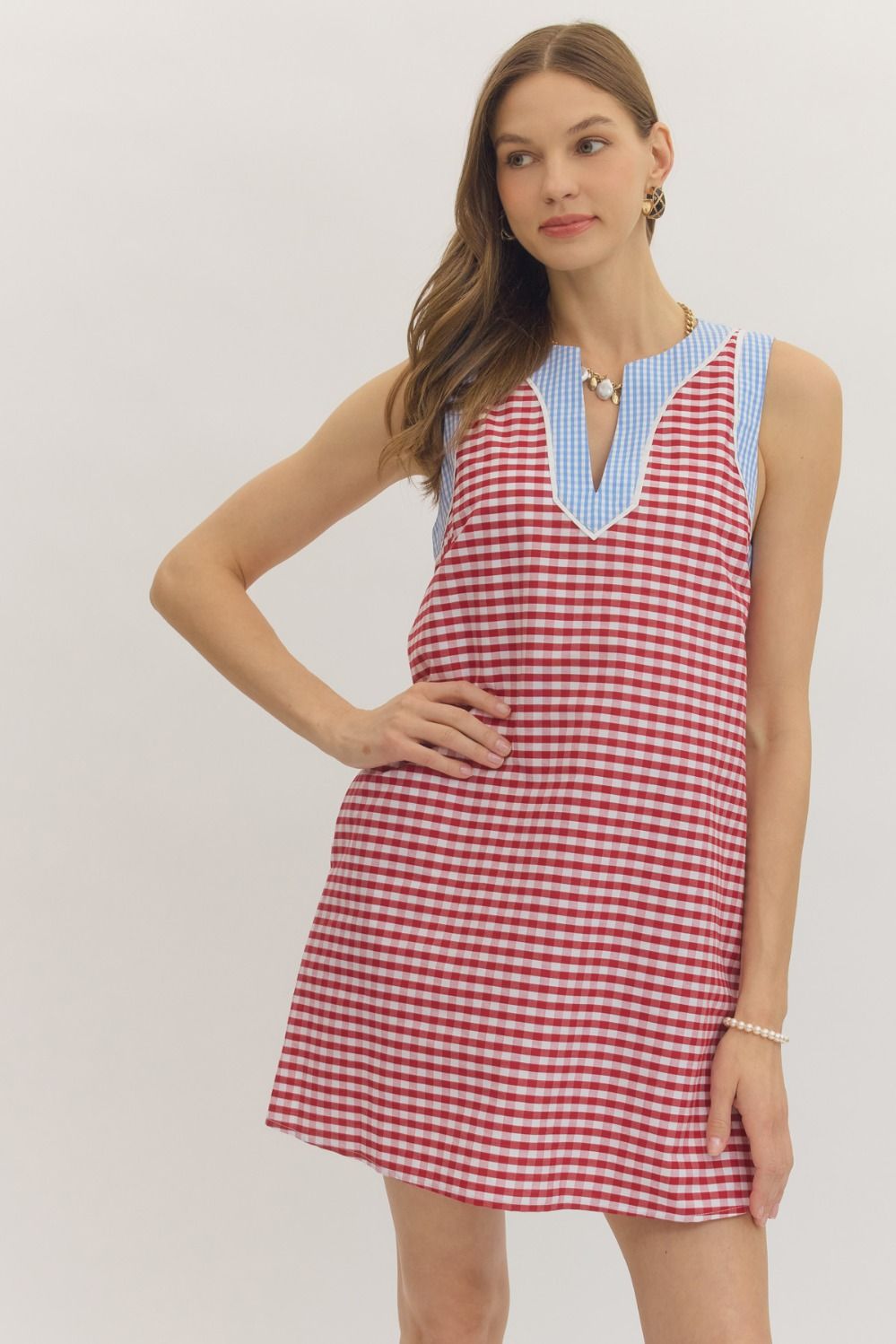Entro - Dress - Mini Sleeveless Gingham Split Neck - Red - Findlay Rowe Designs