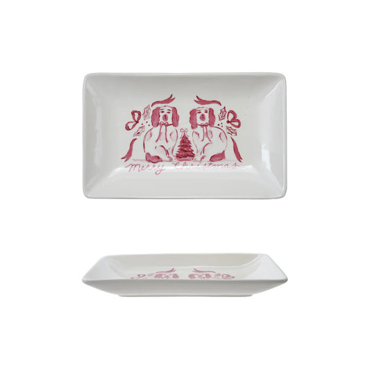 Stoneware Plate - Staffordshire Dogs - Merry Christmas  Pink & White