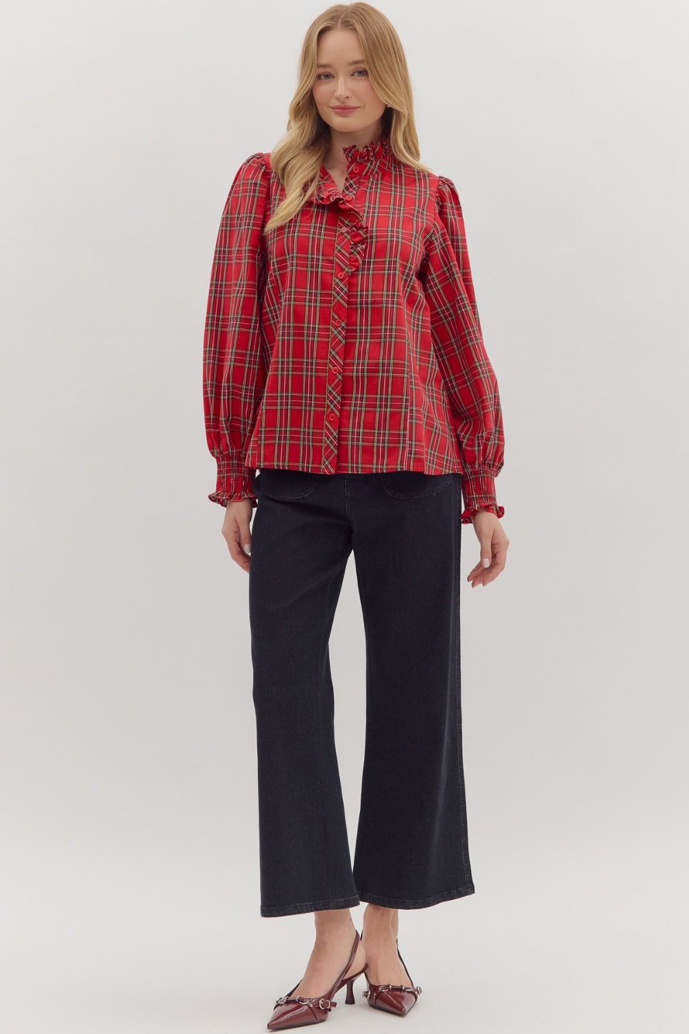 Top - Long Sleeve Plaid Ruffle - Red