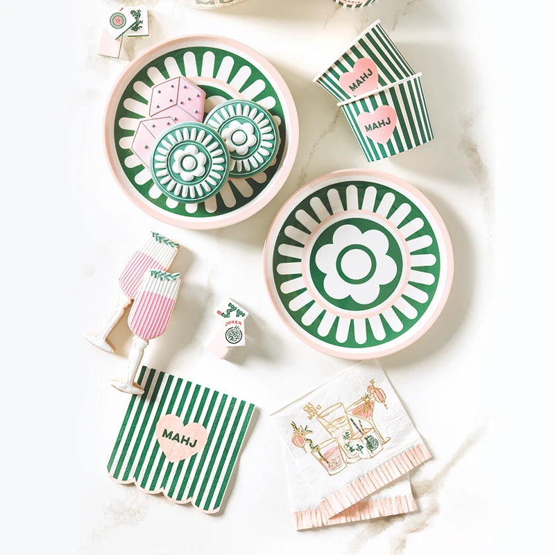 Cocktail Napkins - Scalloped Mahj - Green Stripe