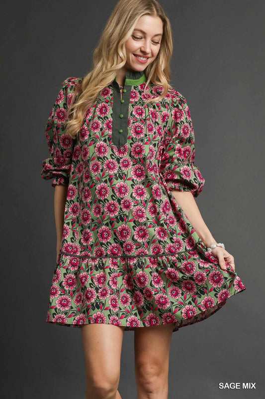 Umgee - Dress - Floral Print Tiered Mini - Sage Mix