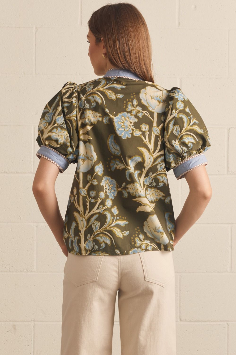 Entro - Top - Puff Sleeve Contrast Binding - Floral Olive - Findlay Rowe Designs