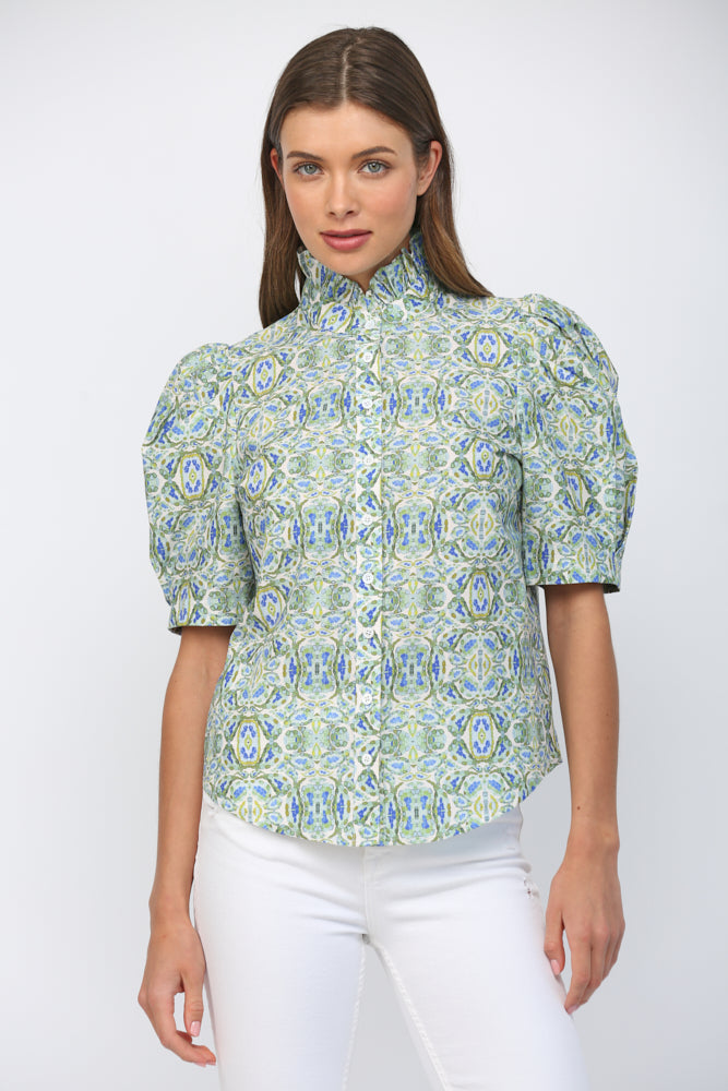 Top - Ruffle Neck Puff Sleeve - Green Blue - Findlay Rowe Designs