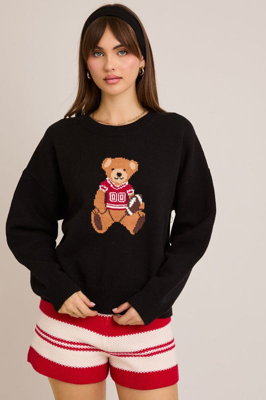 Sweater - Teddy Bear Football - Black Red - Findlay Rowe Designs