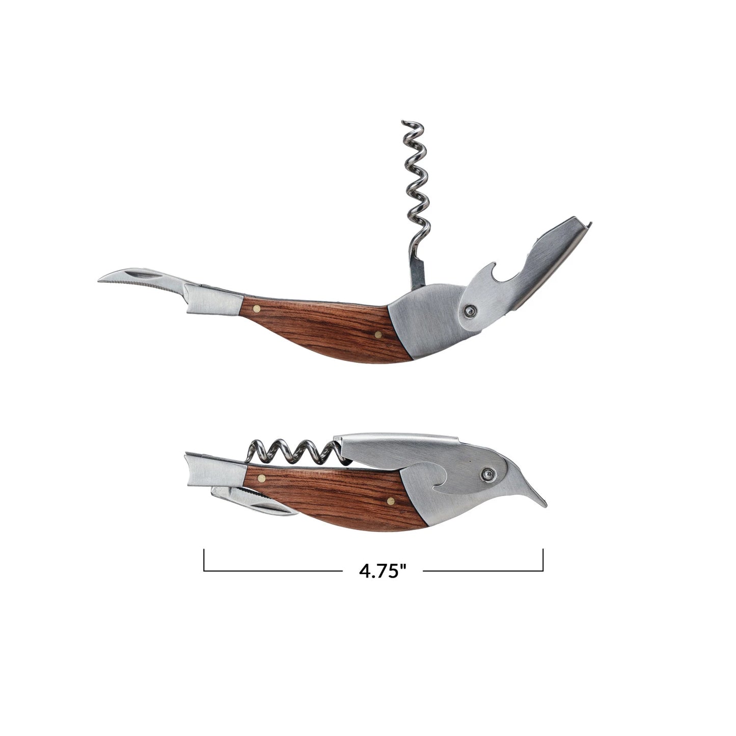 Bottle Opener Corkscrew Tool - Bird Shaped - Wood & Stainless Steel
