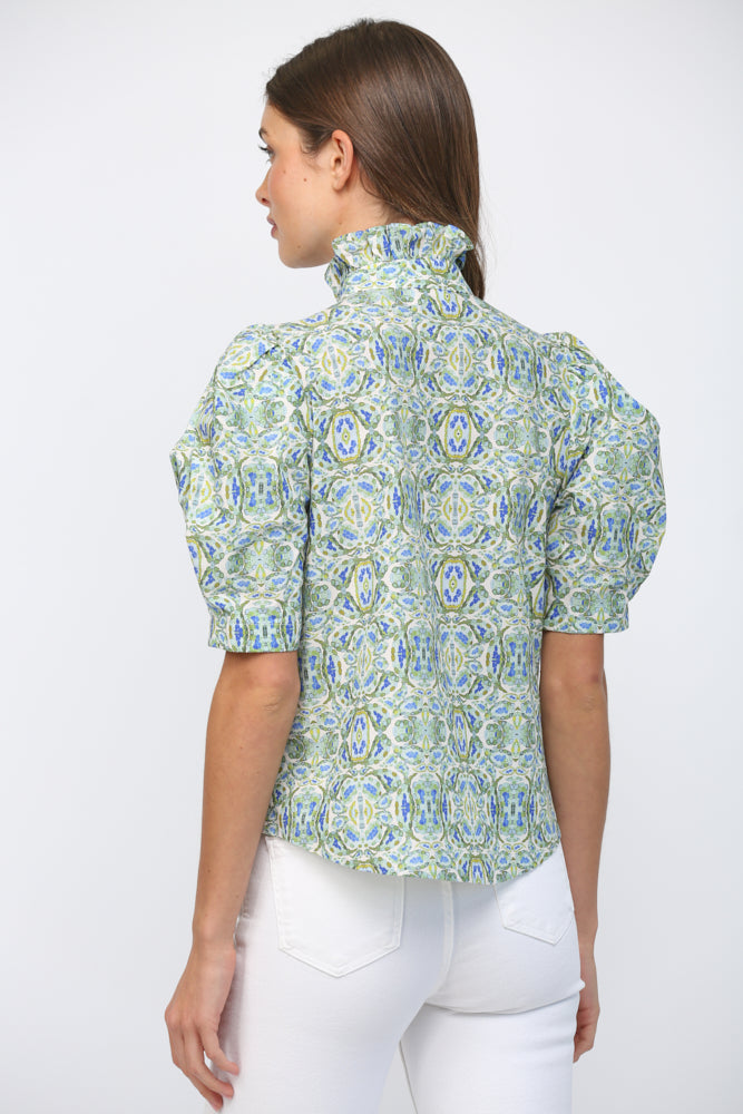 Top - Ruffle Neck Puff Sleeve - Green Blue - Findlay Rowe Designs