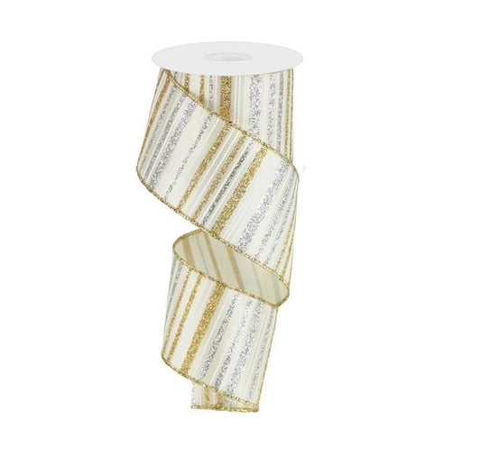 A&B Floral - Ribbon - 2.5in Glitter Stripe - Ivory Gold Silver