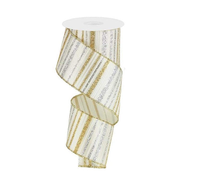 A&B Floral - Ribbon - 2.5in Glitter Stripe - Ivory Gold Silver