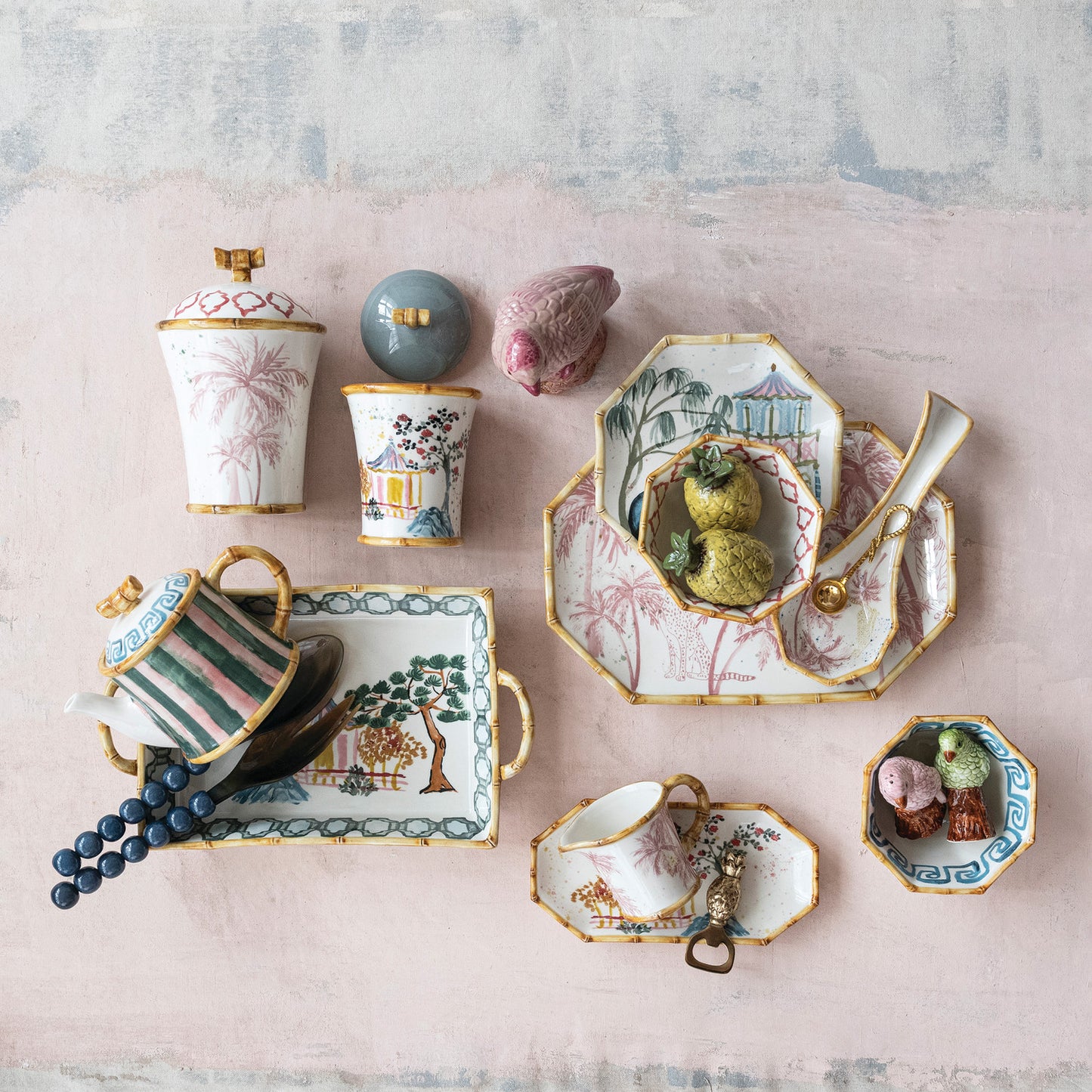 Sugar and Creamer Set  - Hand-Painted Palm and Pine - Findlay Rowe Designs