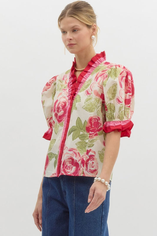 Top - Floral Short Sleeve - Pink Ruffles - Findlay Rowe Designs
