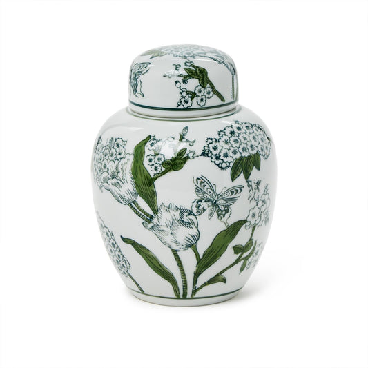 Ginger Jar with Lid - 7.5in Primrose and Lotus Chinoiserie - Green - Findlay Rowe Designs
