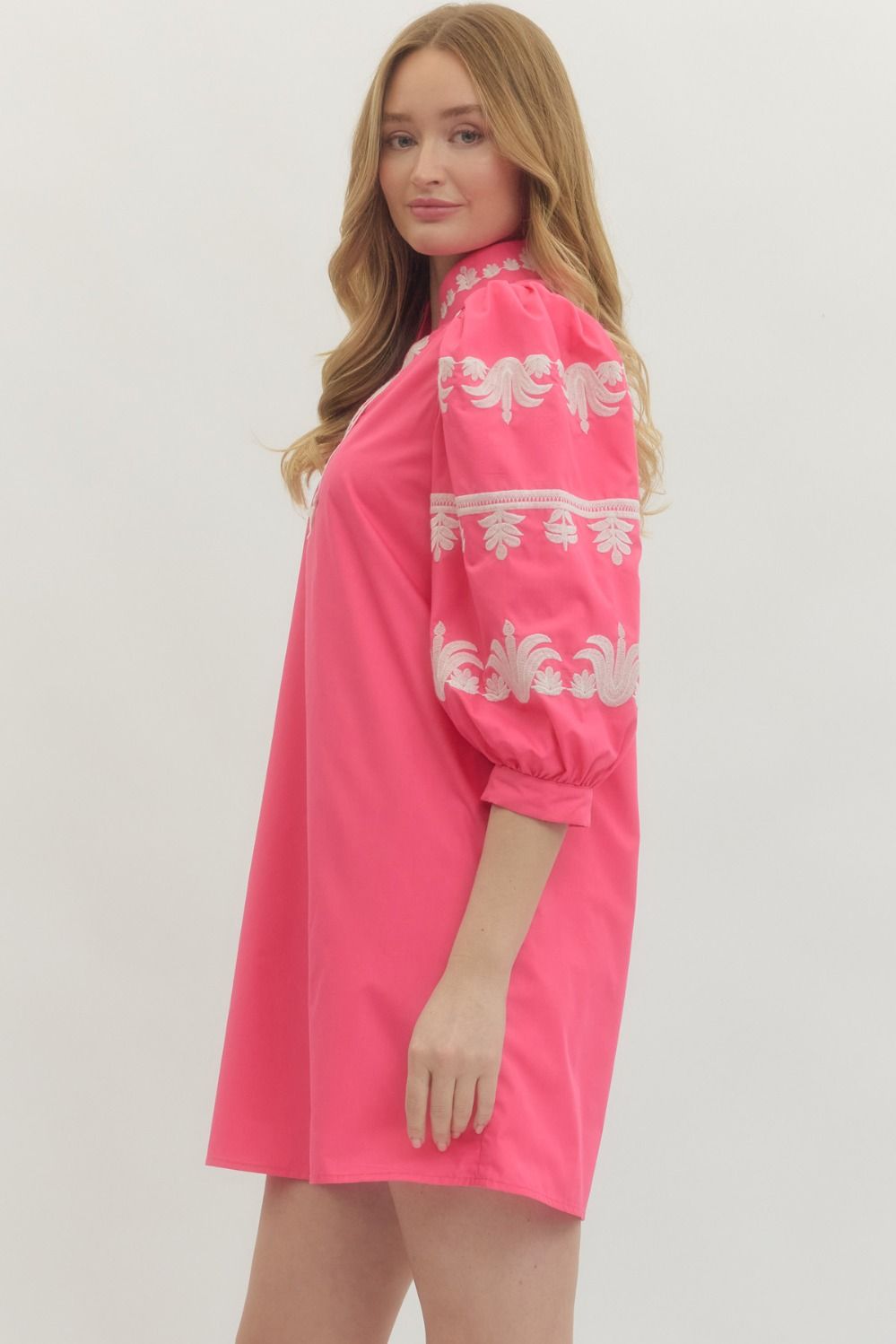 Entro - Dress Mini - 3/4 Sleeve Embroidered - Pink - Findlay Rowe Designs