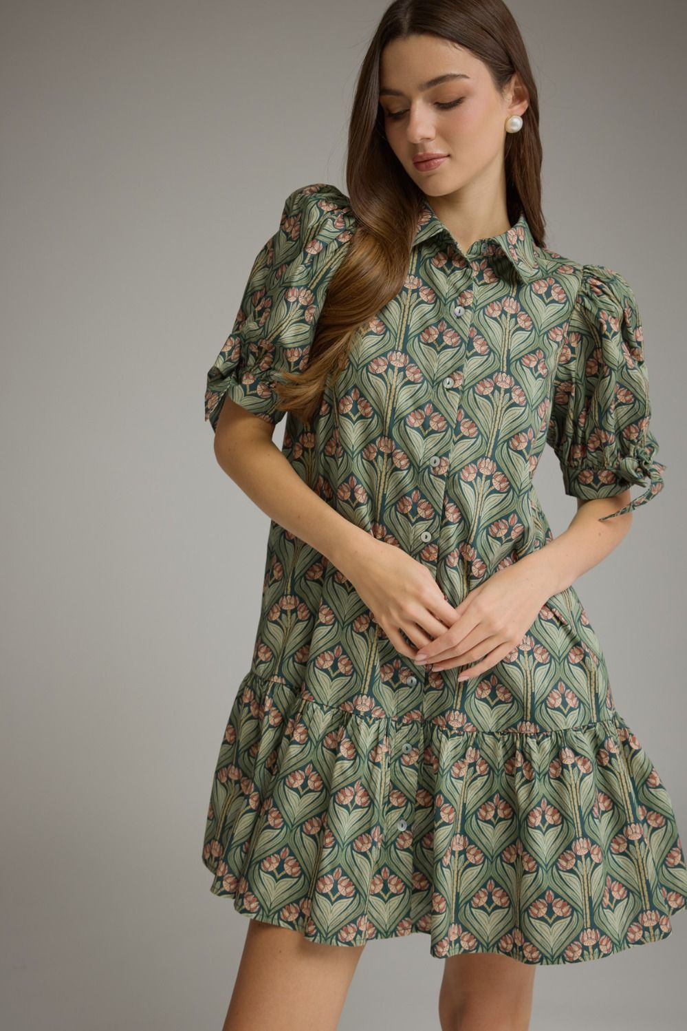 Entro - Dress - Mini 3/4 Tie Detail Sleeve - Ruffle Hem - Hunter Green - Findlay Rowe Designs
