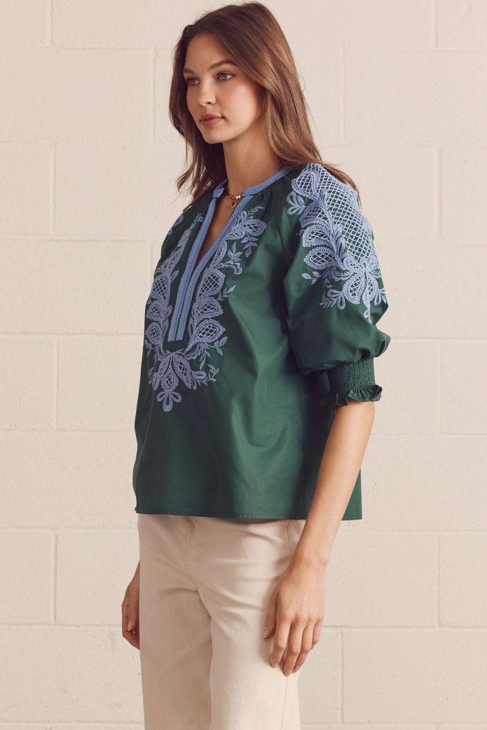 Entro - Top - V-Neck Contrast Embroidered - Green Blue - Findlay Rowe Designs