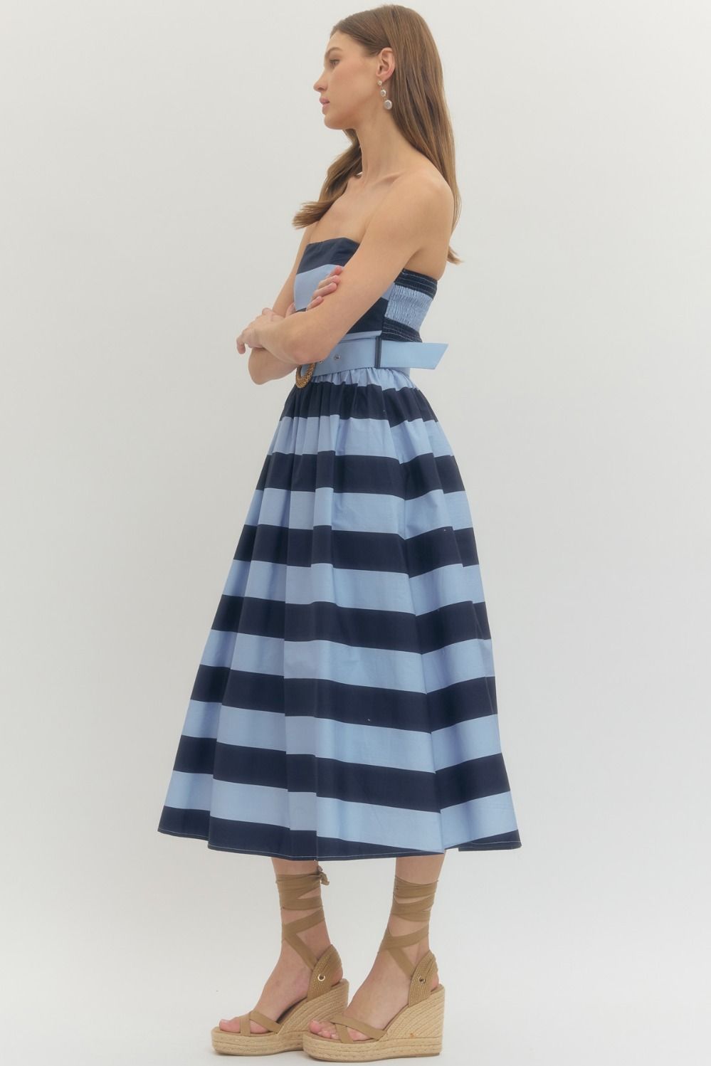 Entro - Dress - Strapless Midi - Blue Stripe - Findlay Rowe Designs