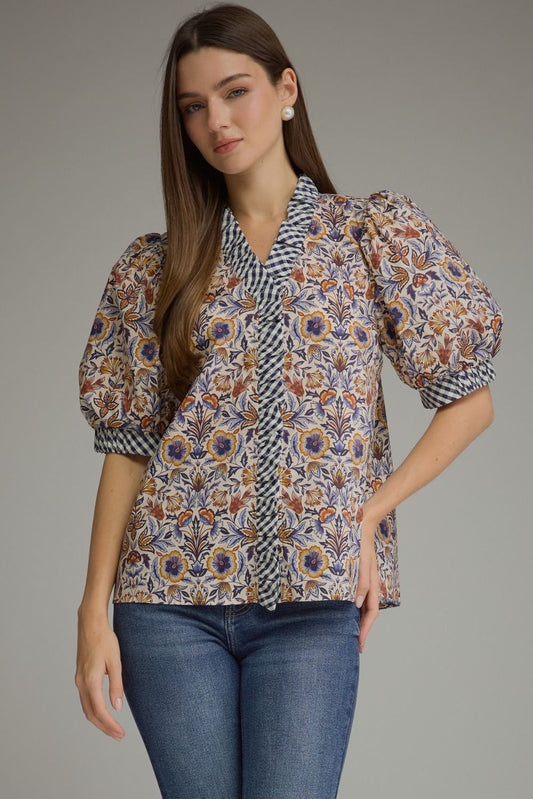 Entro - Top - Puff Sleeve Ruffle Gingham Trim - Floral Ecru - Findlay Rowe Designs