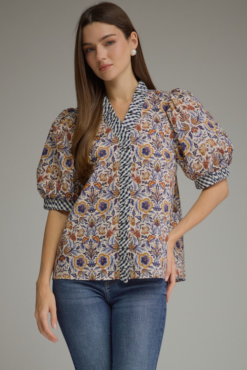 Entro - Top - Puff Sleeve Ruffle Gingham Trim - Floral Ecru - Findlay Rowe Designs