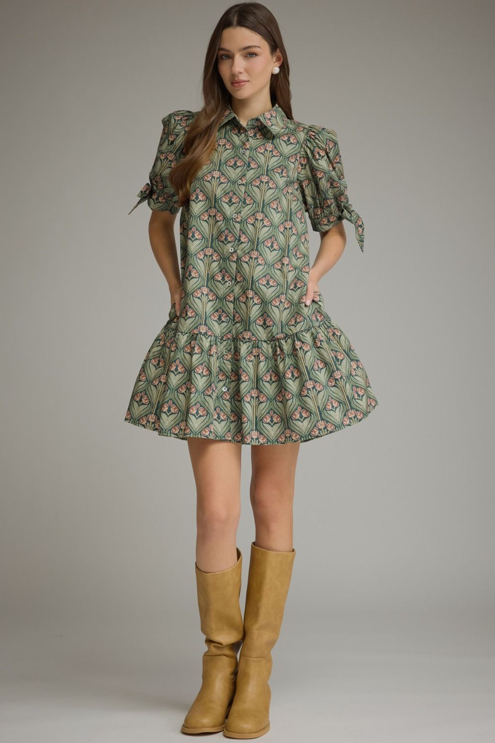 Entro - Dress - Mini 3/4 Tie Detail Sleeve - Ruffle Hem - Hunter Green - Findlay Rowe Designs