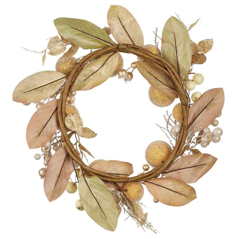 Wreath - Beaded Ball Berry Magnolia Leaf - 24in Gold