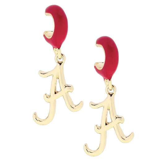 Earrings - Huggie Hoop - Alabama A - Red Shiny Gold