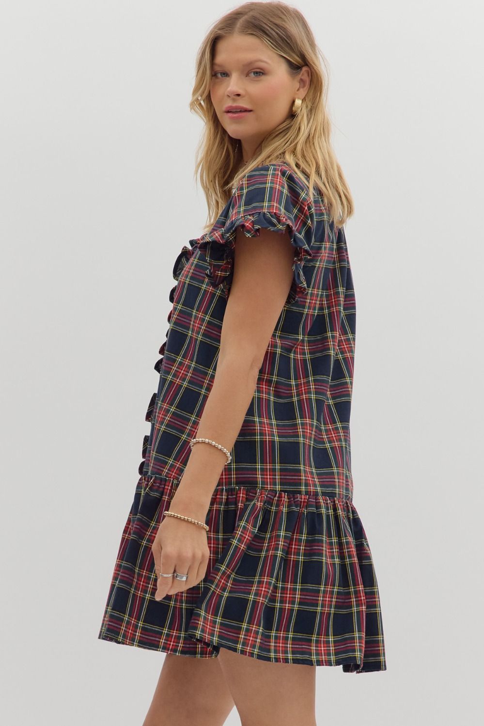Dress - Plaid Ruffle Mini - Navy