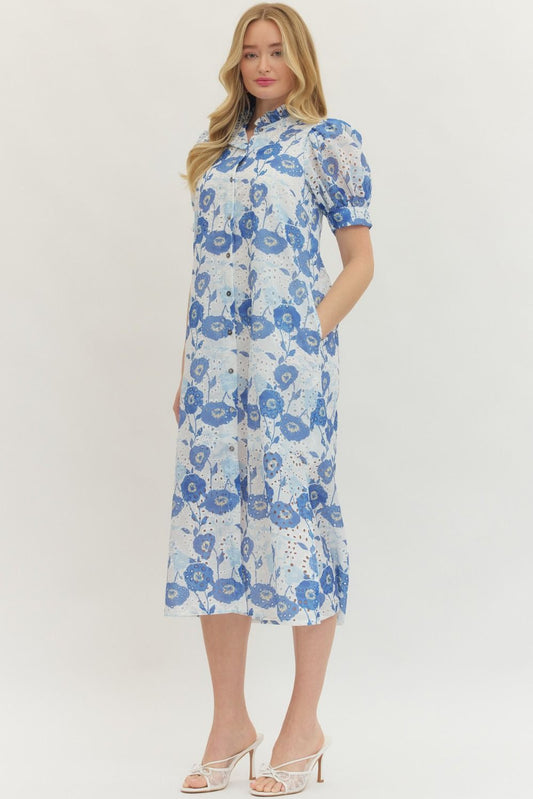 Entro - Dress - Midi Puff Sleeve - Blue White - Findlay Rowe Designs