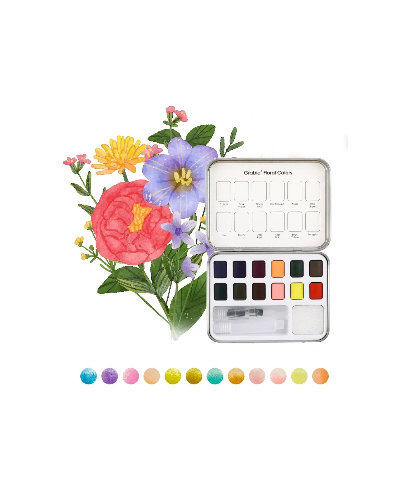 Grabie - Watercolor Pocket Set Of 12 With Brush - Floral Colors - Findlay Rowe Designs