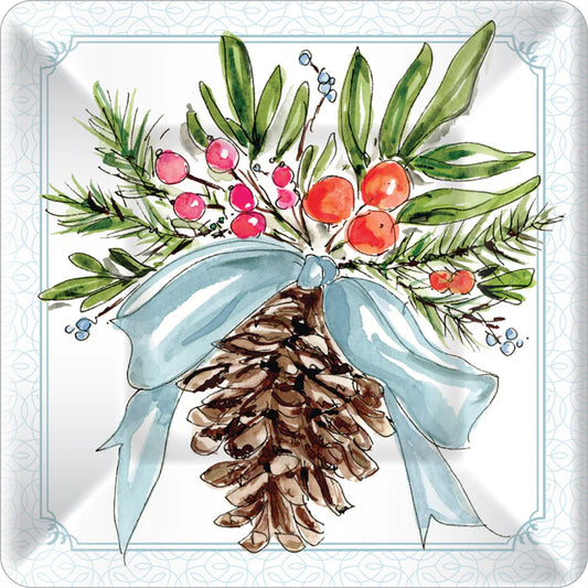 Rosanne Beck - 7 in. Square Plate - Pinecones And Ribbons - Findlay Rowe Designs