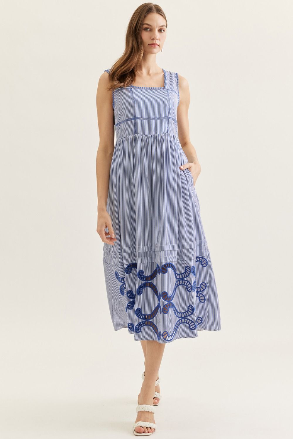 Entro - Dress - Midi Sleeveless Striped Cutout Embroidery - Navy - Findlay Rowe Designs