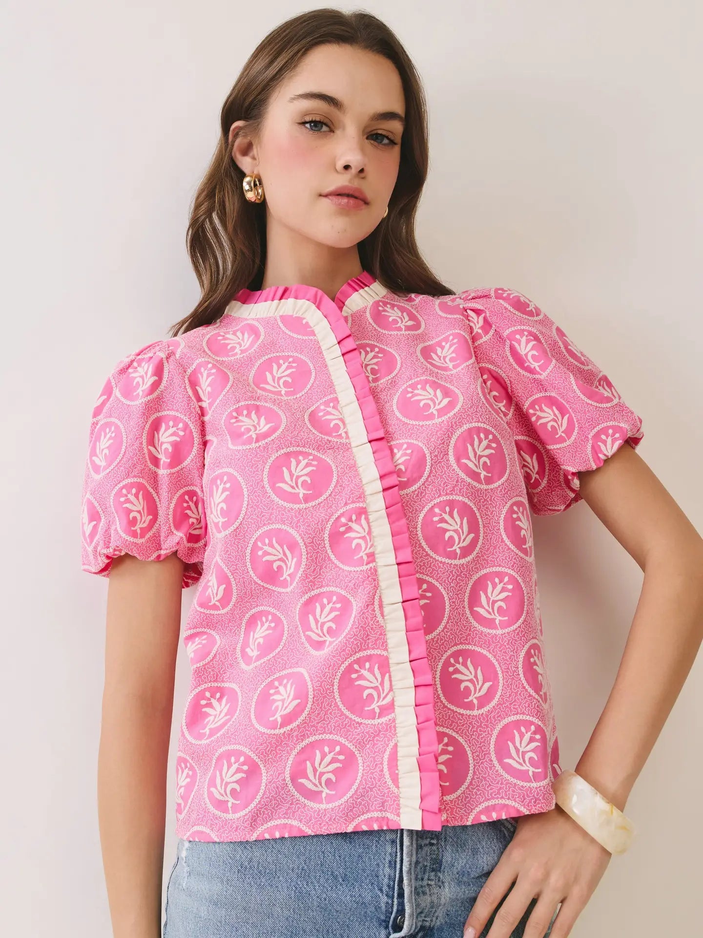 Top - Floral Ruffled Trim - Pink - Findlay Rowe Designs