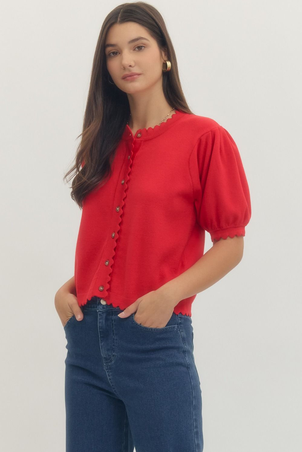 Entro - Top - Puff Sleeve - Red Scallop - Findlay Rowe Designs