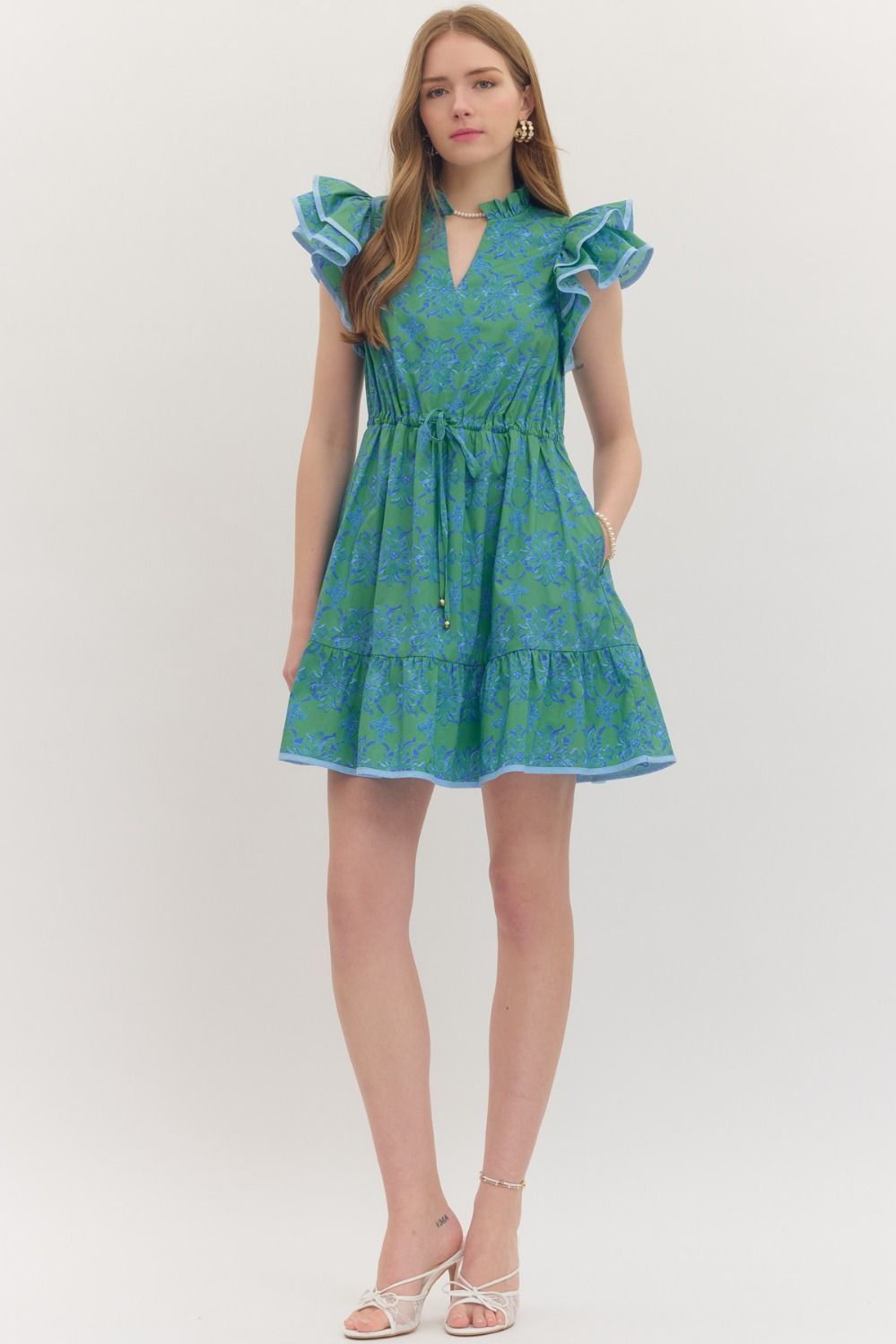 Entro - Dress - Mini Flutter V Neck - Green Blue - Findlay Rowe Designs