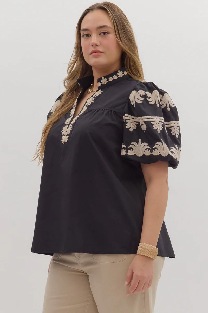 Clearance - Entro - Plus Size Top - V Neck Embroidered - Black