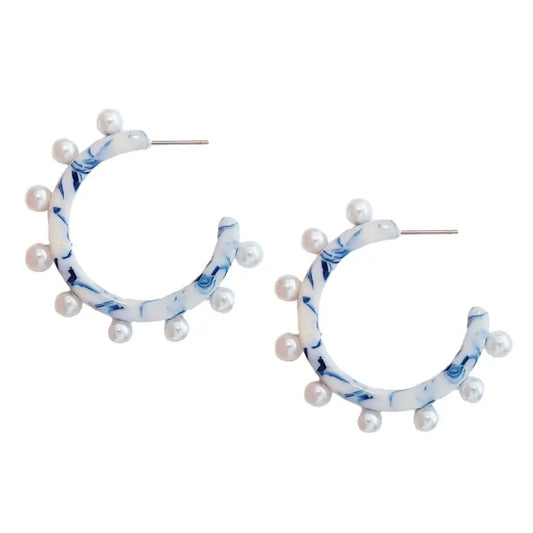 St. Armands- Blue and White Pearl Statement Hoop Earrings
