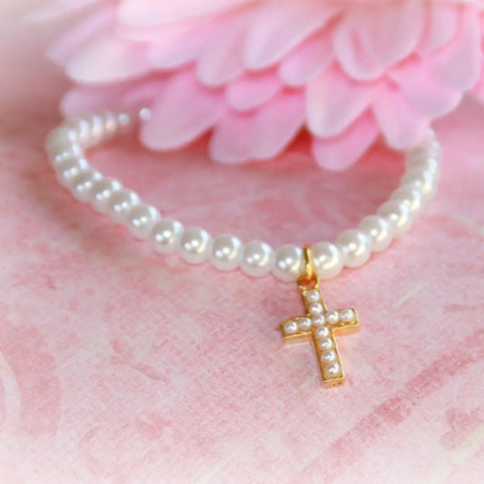 Bracelet - Girls Classic Girl Classic Gold Cross Pearl - 6in - Findlay Rowe Designs