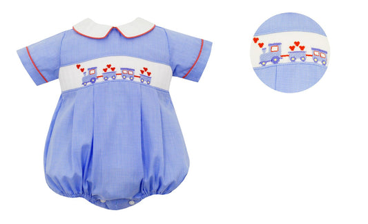 Anavini - Smocked Bubble - Blue Gingham - Valentine Hearts Train - Findlay Rowe Designs