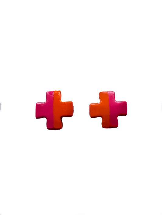 Accessory Jane - Earring - Cross Stud - Orange Hot Pink - Findlay Rowe Designs