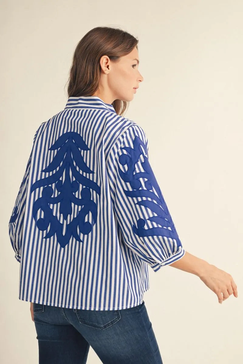 Jodifil - Top - 3/4 Sleeve Baroque - Blue Stripe - Findlay Rowe Designs