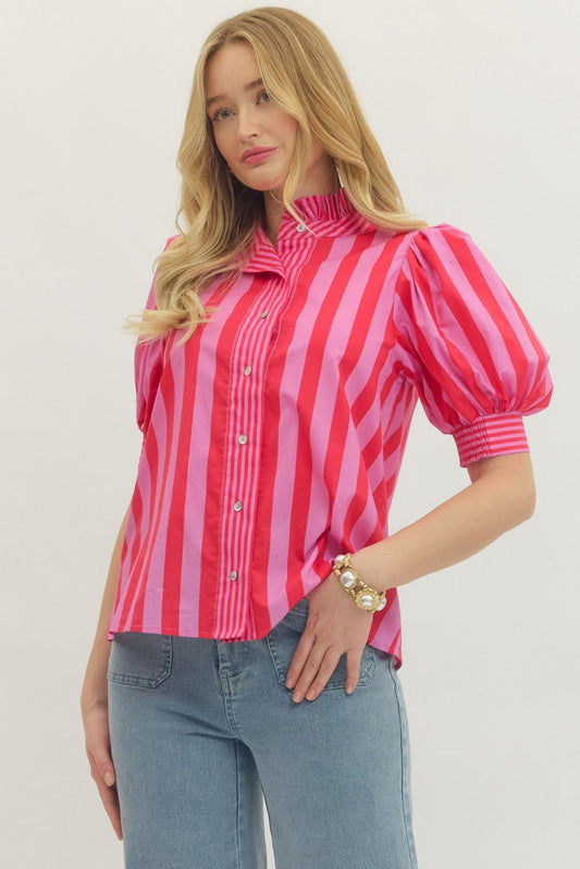 Entro - Top - Puff Sleeve - Pink Red Stripe - Findlay Rowe Designs