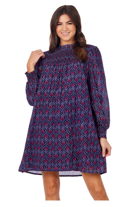 Bennington Smocked Dress - Navy Block Print - Findlay Rowe Designs