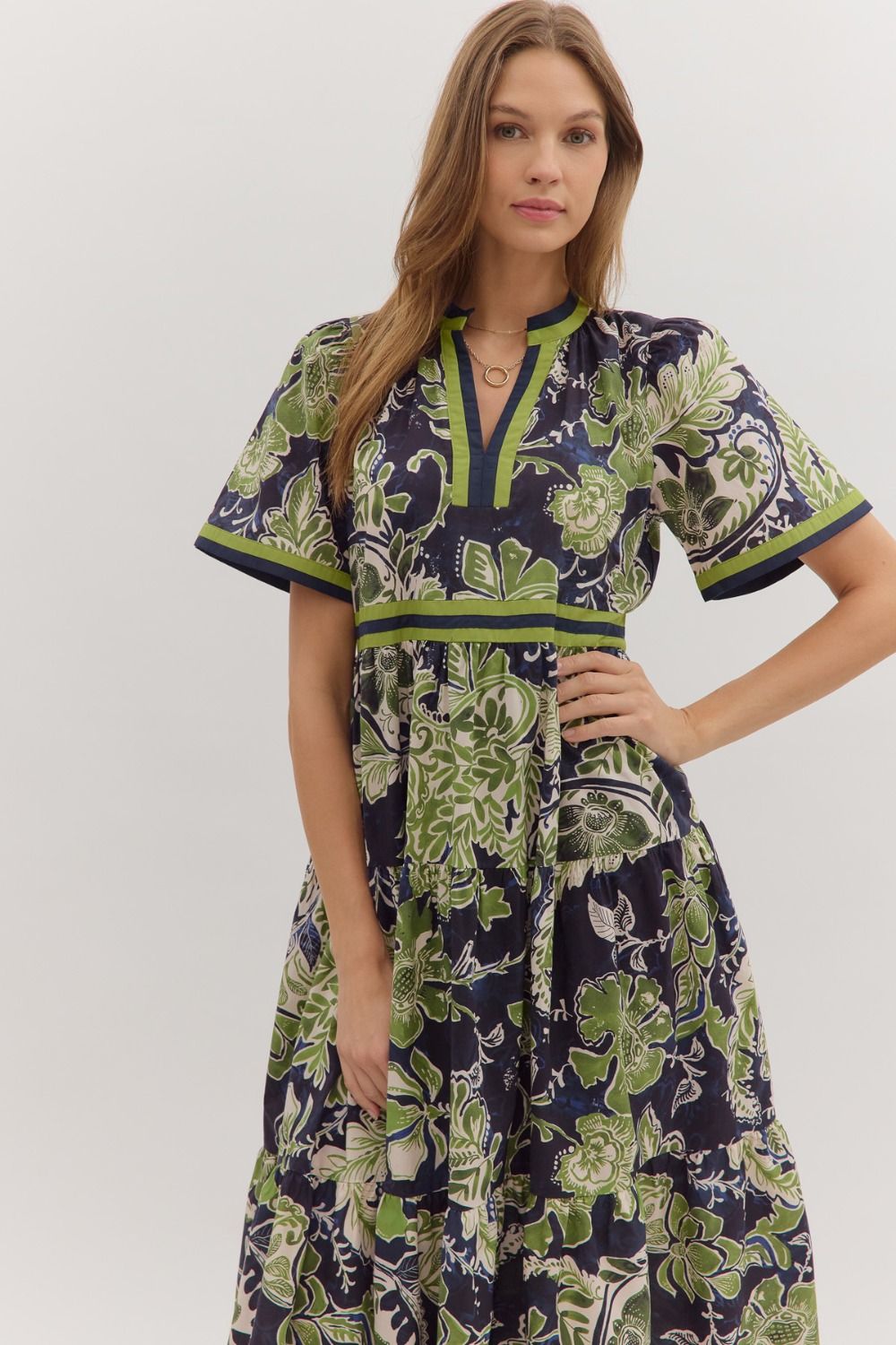Entro - Dress - Floral Contrast Trim Midi - Navy Green