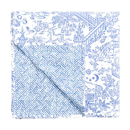 Caspari - Tablecloth  - Reversible Kantha - Blue White Pagoda Toile - Findlay Rowe Designs