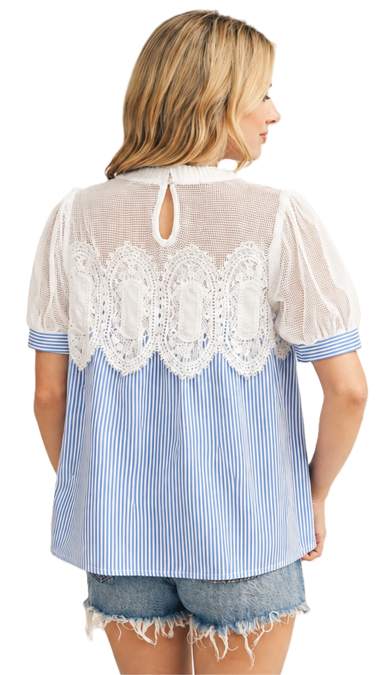 Jodifil - Top - Crochet Accent - Blue Stripe - Findlay Rowe Designs