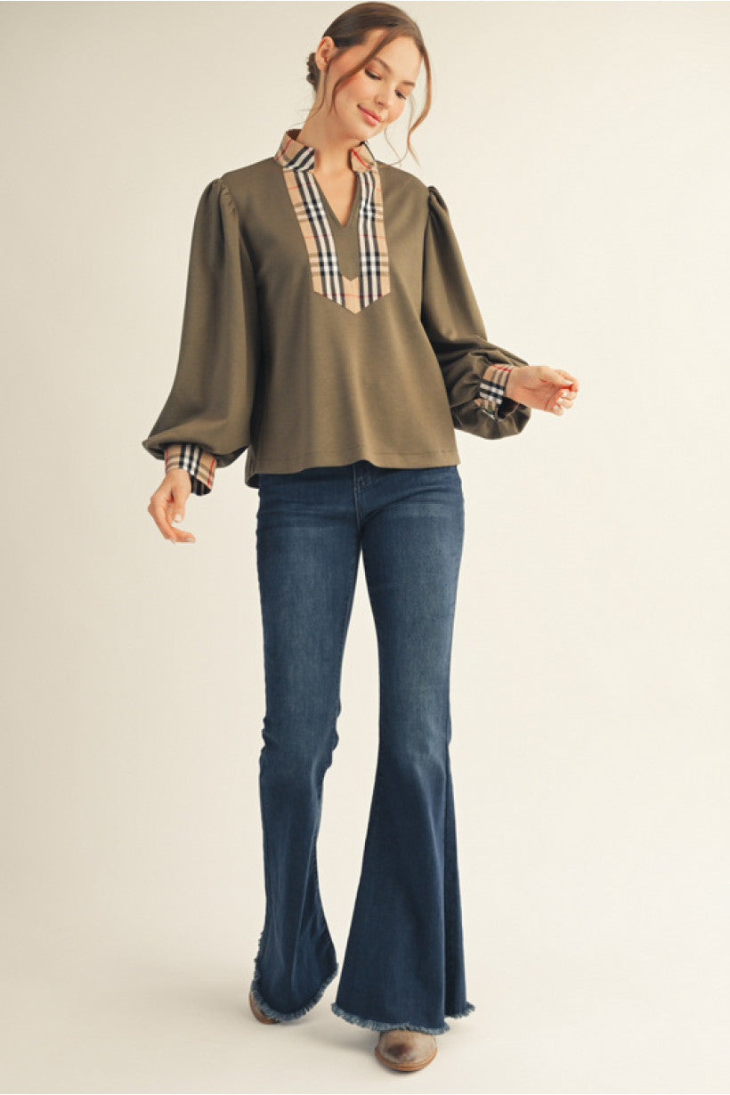 Top - Long Cuff Sleeve - Plaid Contrast