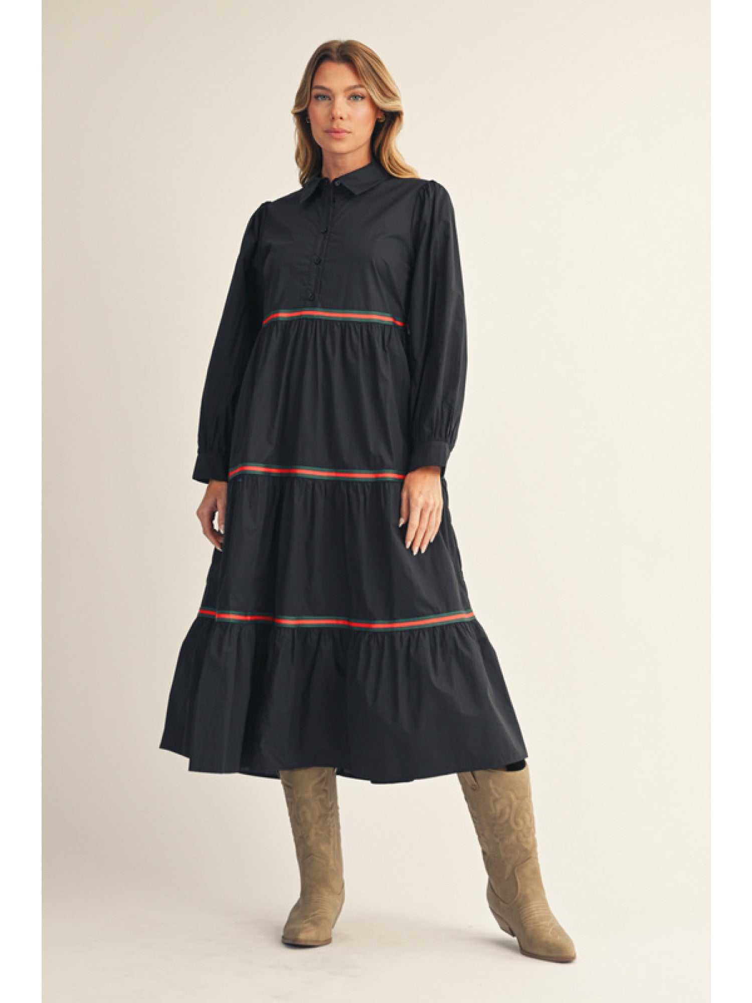 jodifl dress A Little While Longer in Green Ruby Idol Apparel inspired print with striking stripe and solid contrast details Jodifl - Dress - Long