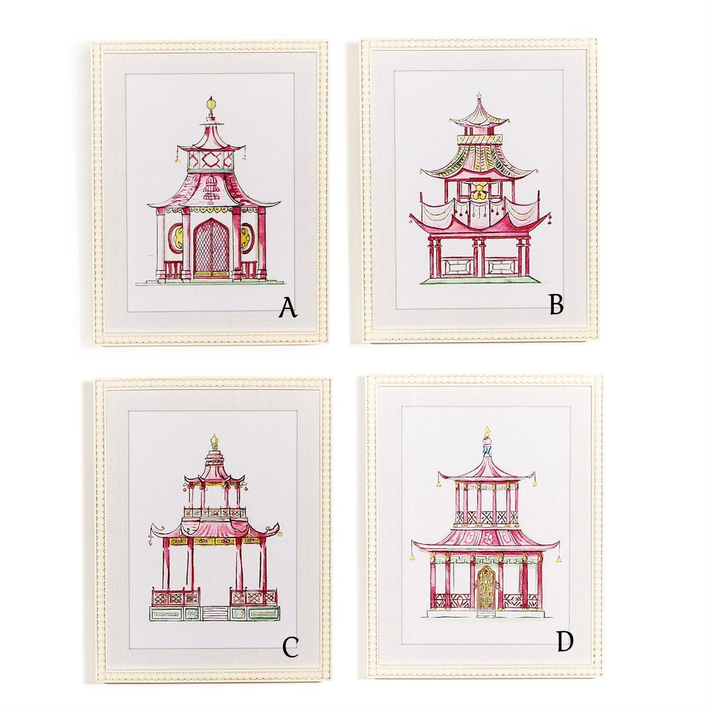 Wall Art Prints - White Beaded Framed - Pink Pagoda - Findlay Rowe Designs