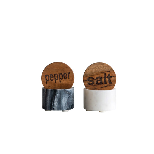 Marbled Salt & Pepper Containers w/ Labeled Wood Lids
