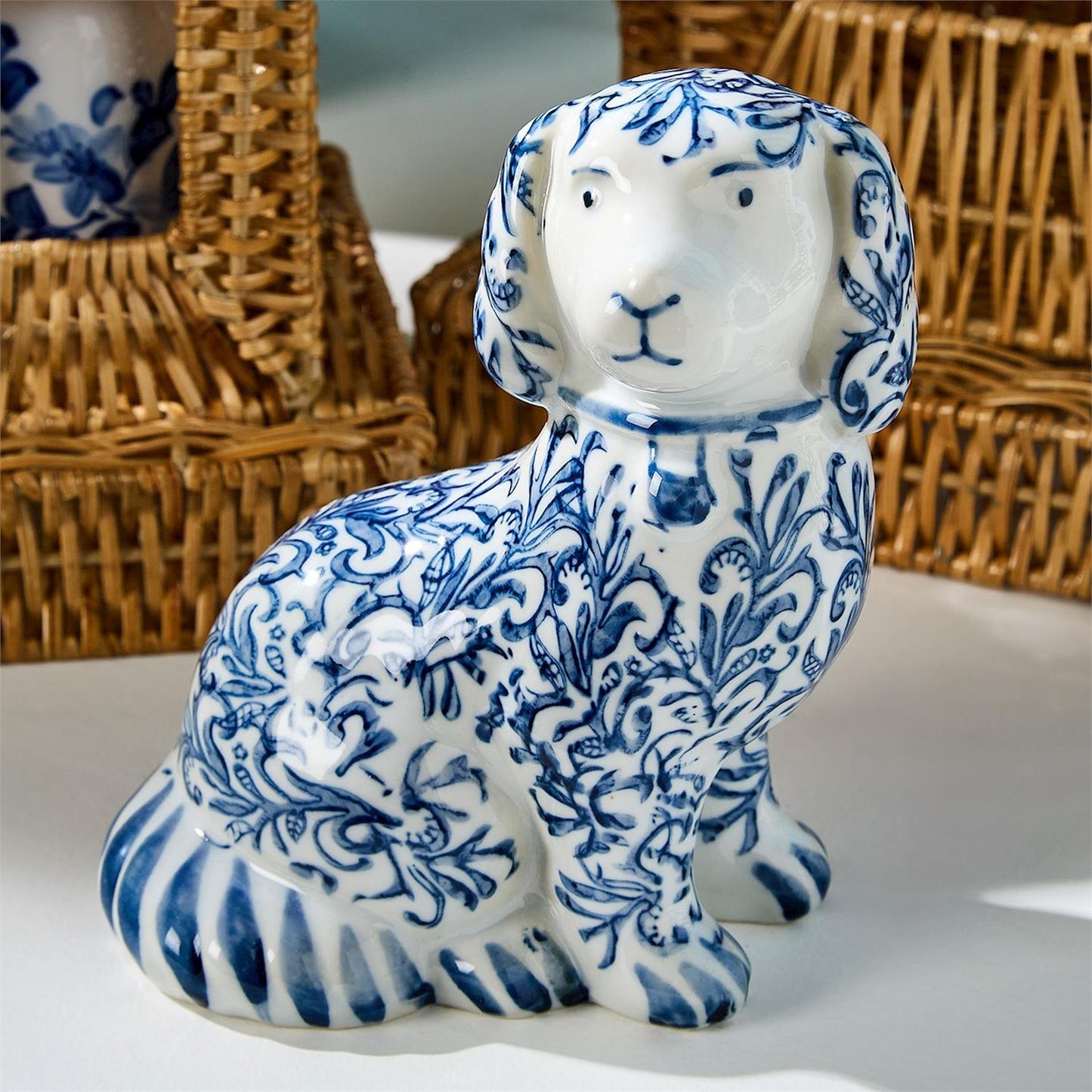 Objet d'Art - Staffordshire Dog - Chinoiserie Hand-Painted - Blue and White
