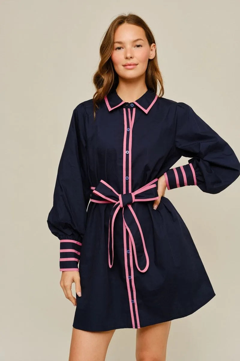 Jodifil - Dress - Mini Bishop Sleeve - Pink Contrast - Navy - Findlay Rowe Designs