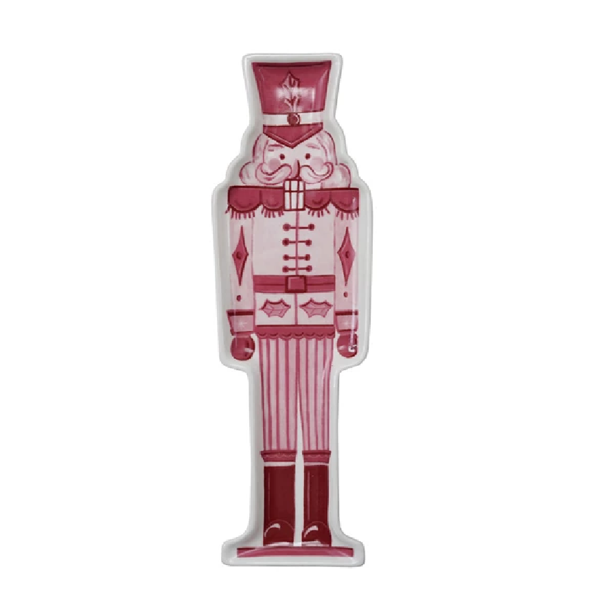 Stoneware Tray -  Nutcracker Shape - Red Pink & White